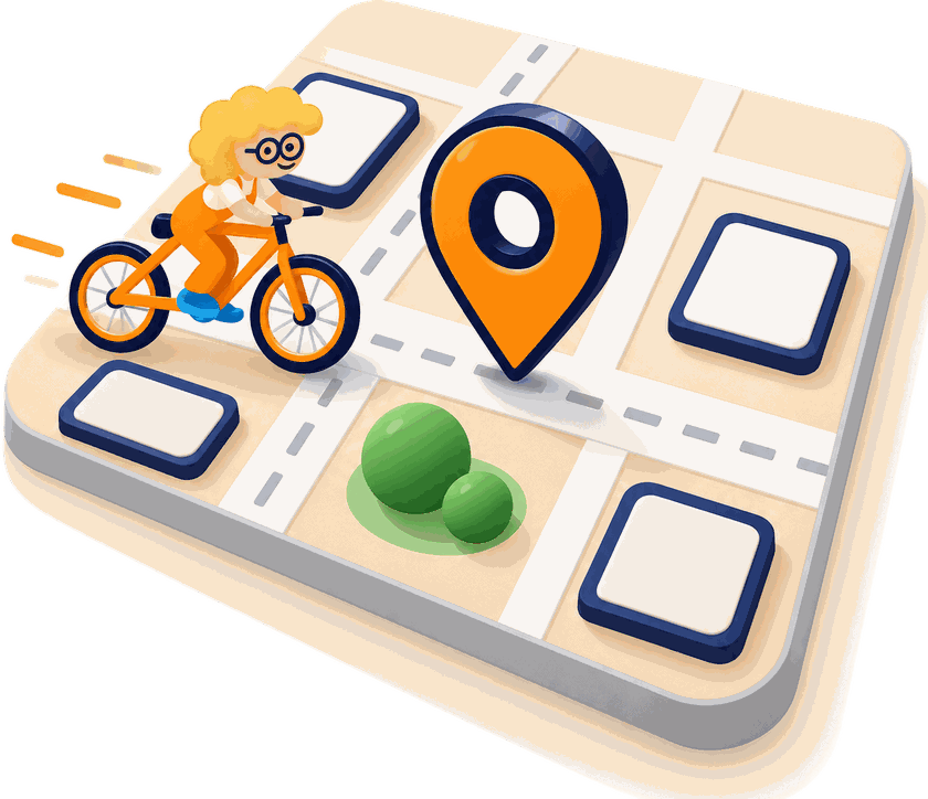 Plan schématique avec un repère orange sur l’emplacement du magasin